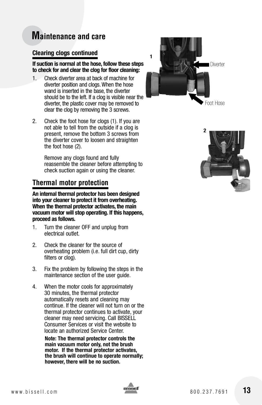 Bissell 16N5 warranty Thermal motor protection 