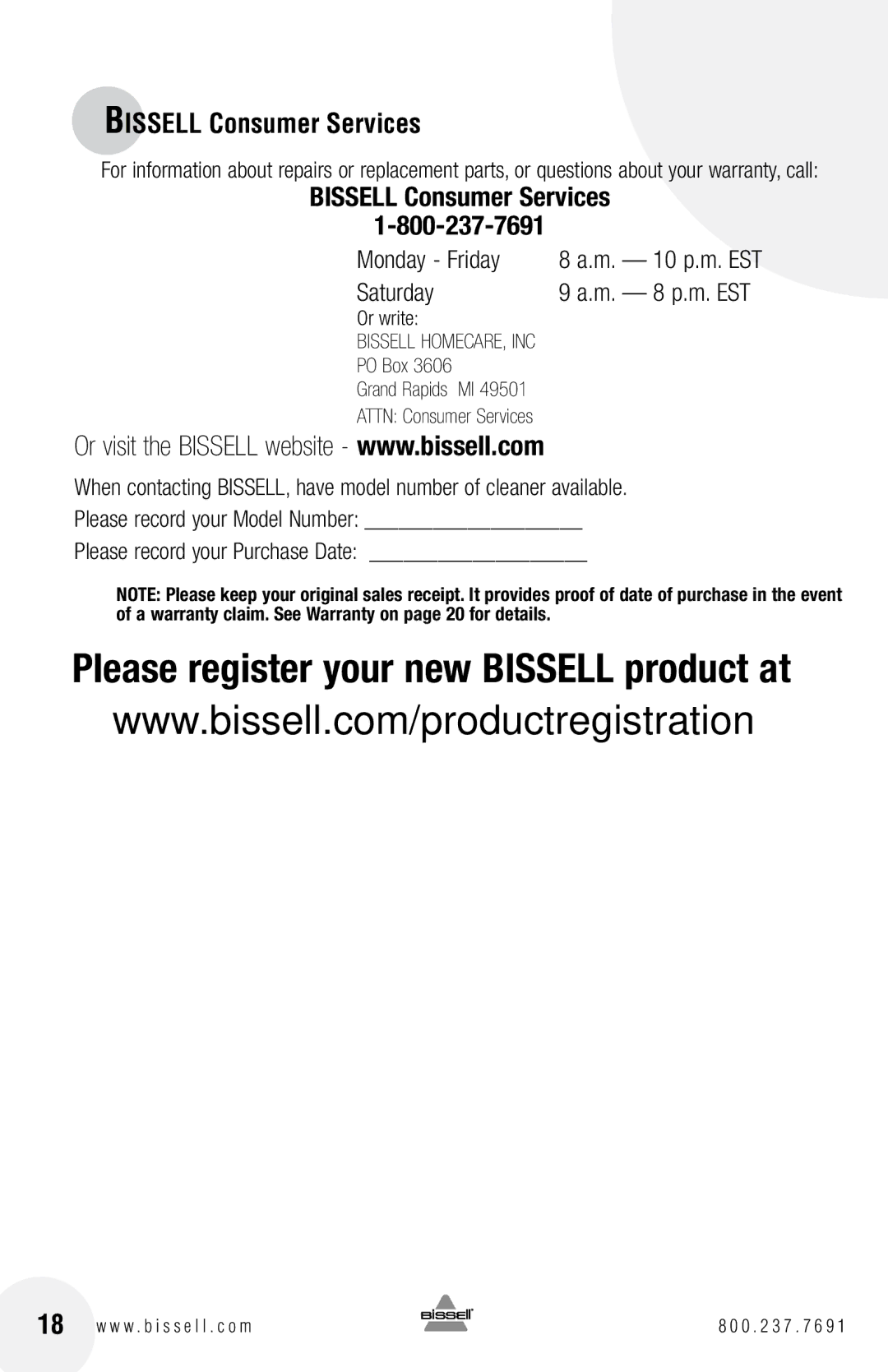 Bissell 16N5 warranty Bissell Consumer Services 