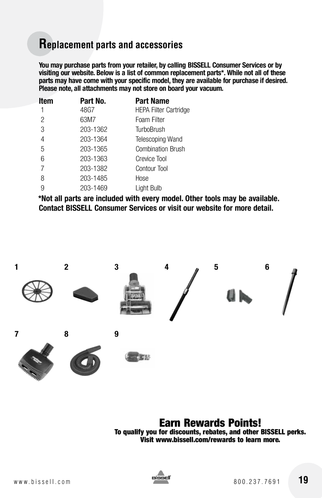 Bissell 16N5 warranty Replacement parts and accessories, Part Name 