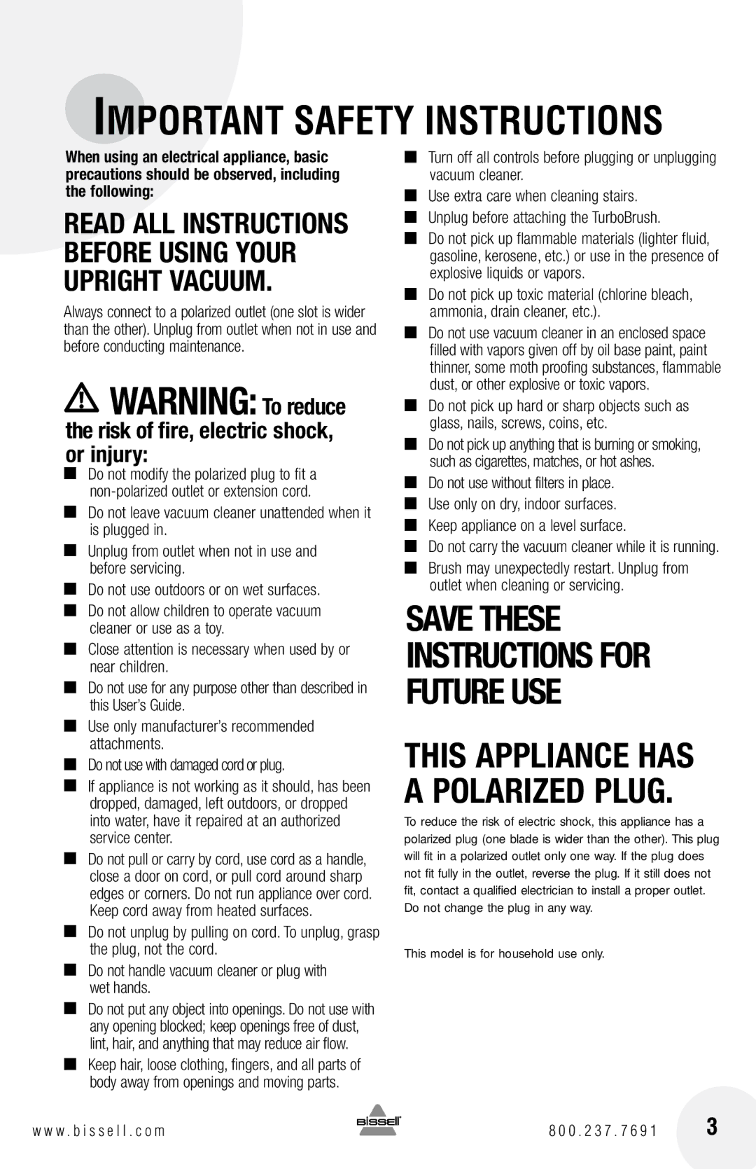 Bissell 16N5 warranty Important Safety Instructions 