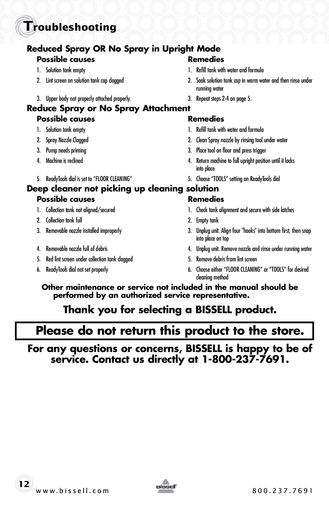 Bissell 16W5 warranty Troubleshooting, Thank you for selecting a Bissell product, Reduced Spray or No Spray in Upright Mode 