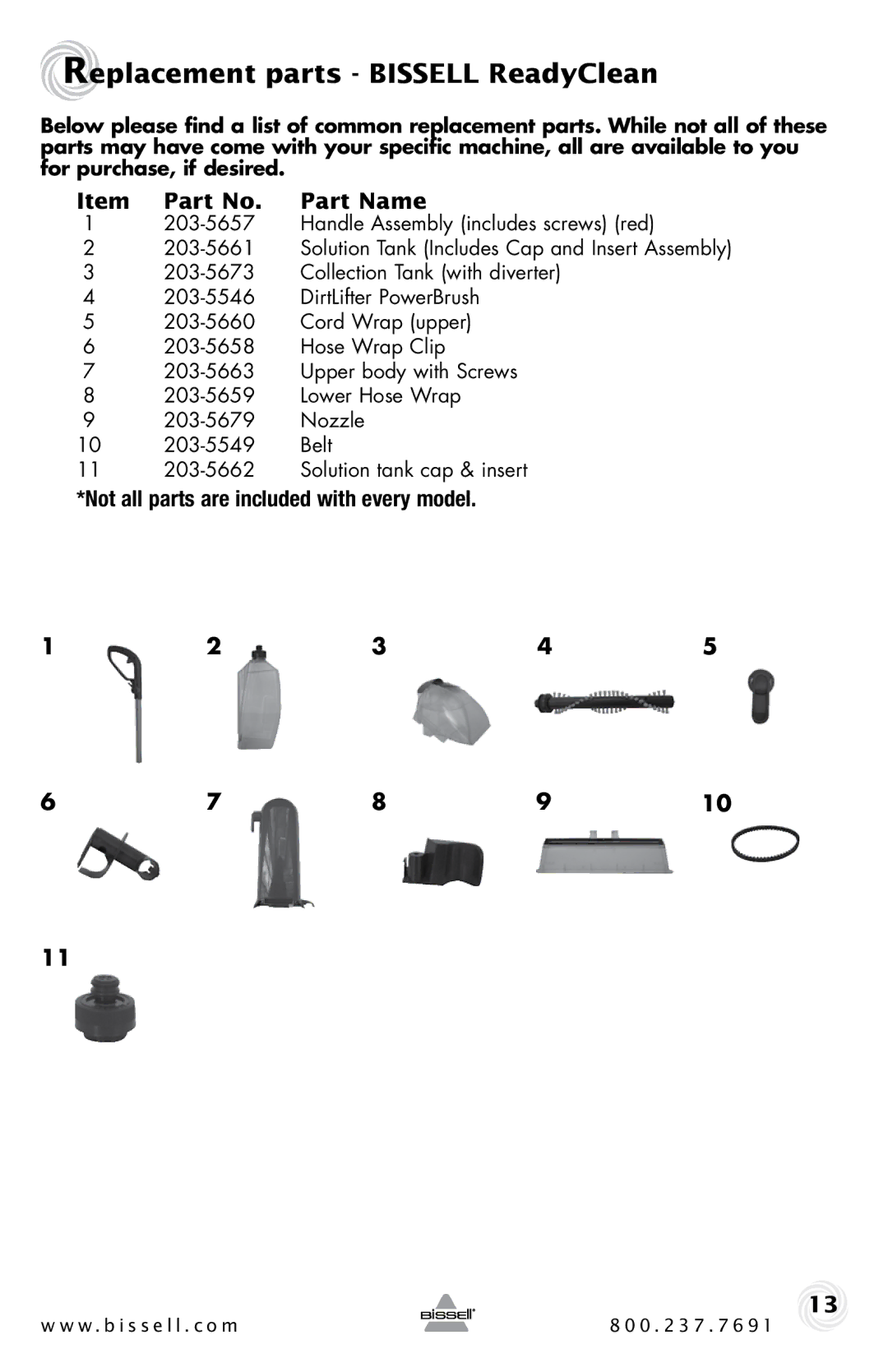 Bissell 16W5 warranty Replacement parts Bissell ReadyClean, Item Part No. Part Name 