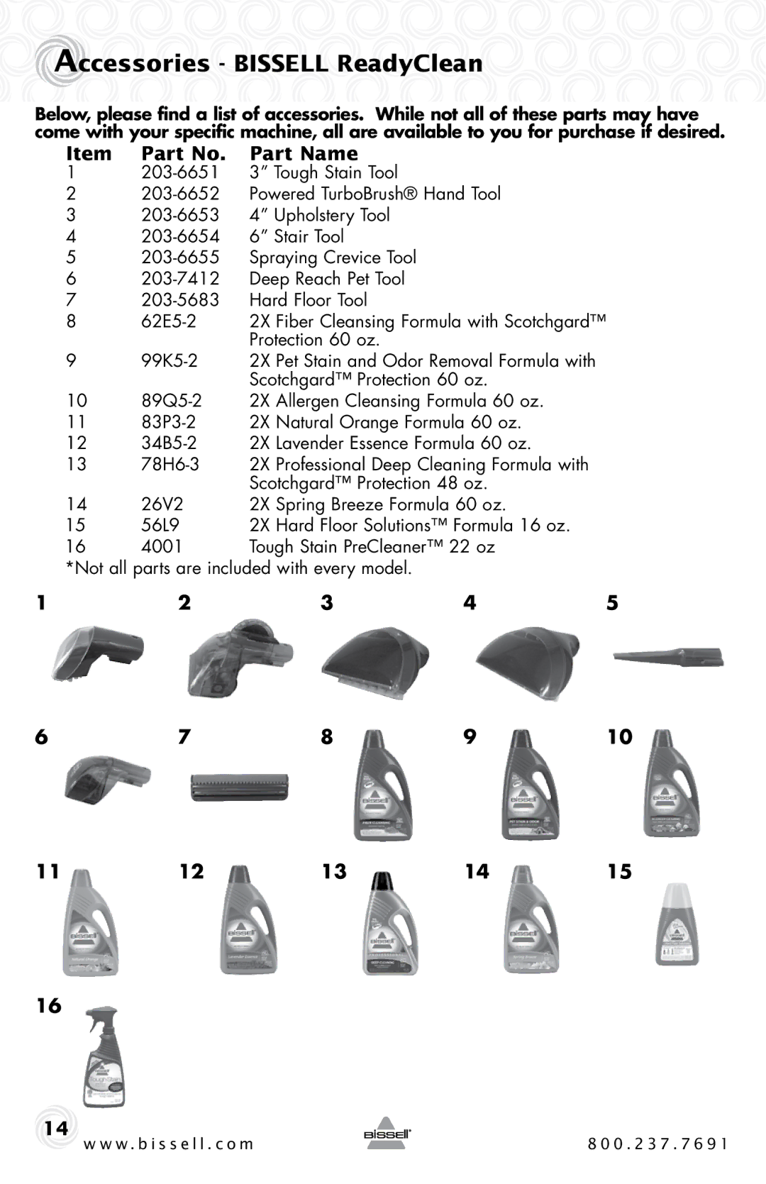 Bissell 16W5 warranty Accessories Bissell ReadyClean, Part Name 