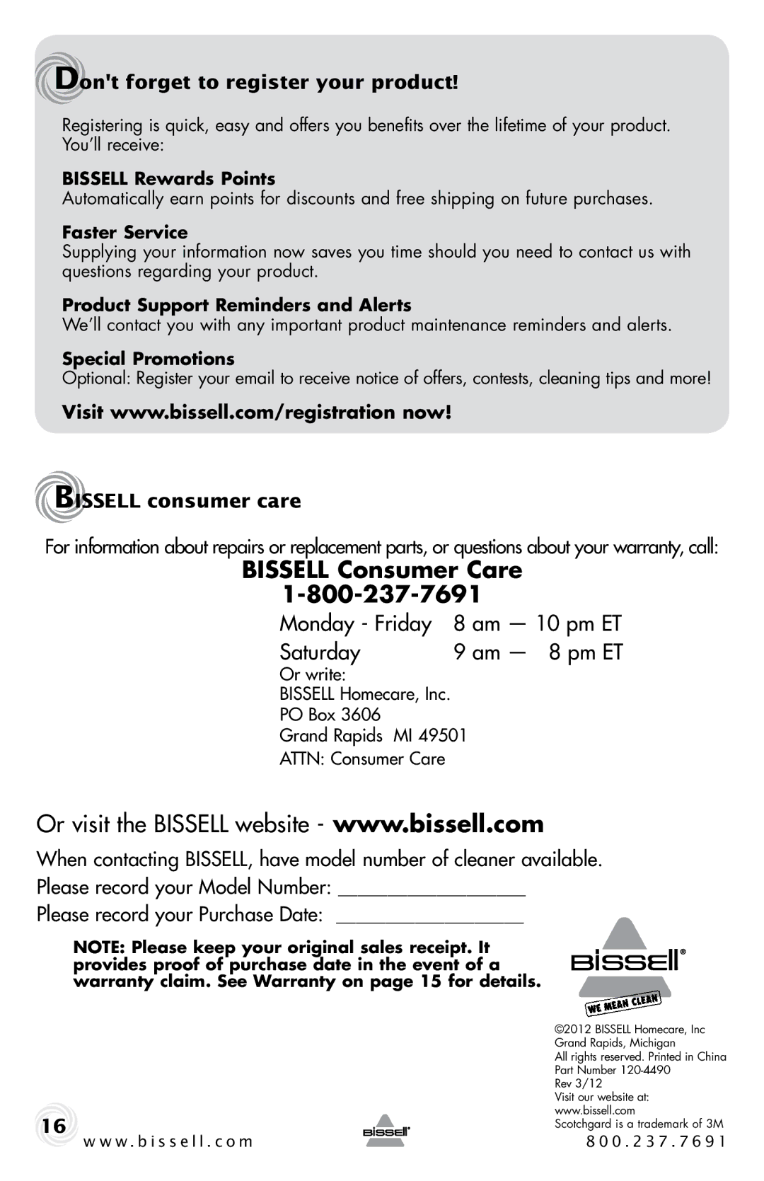 Bissell 16W5 warranty Bissell Consumer Care, Dont forget to register your product, Bissell consumer care 