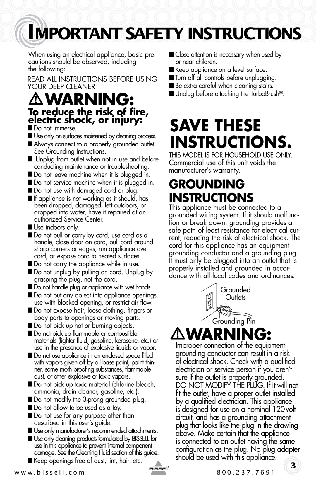 Bissell 16W5 warranty Important Safety Instructions, To reduce the risk of fire, electric shock, or injury 