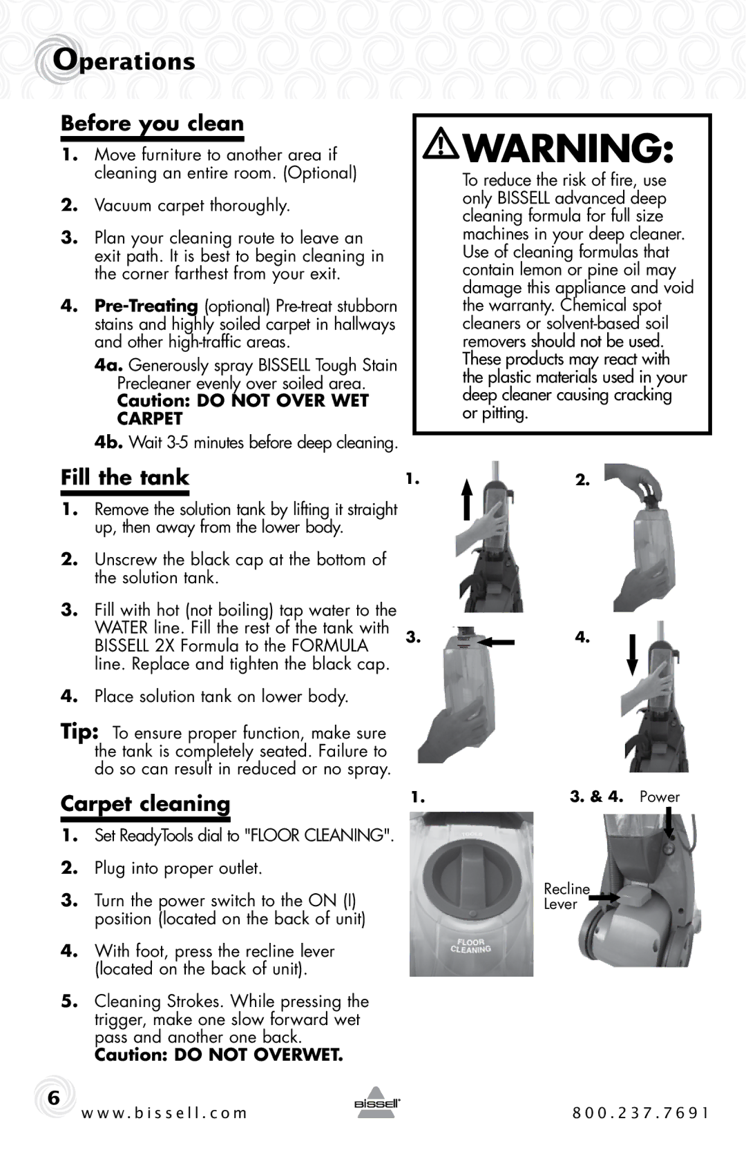 Bissell 16W5 warranty Operations, Before you clean, Fill the tank, Carpet cleaning 