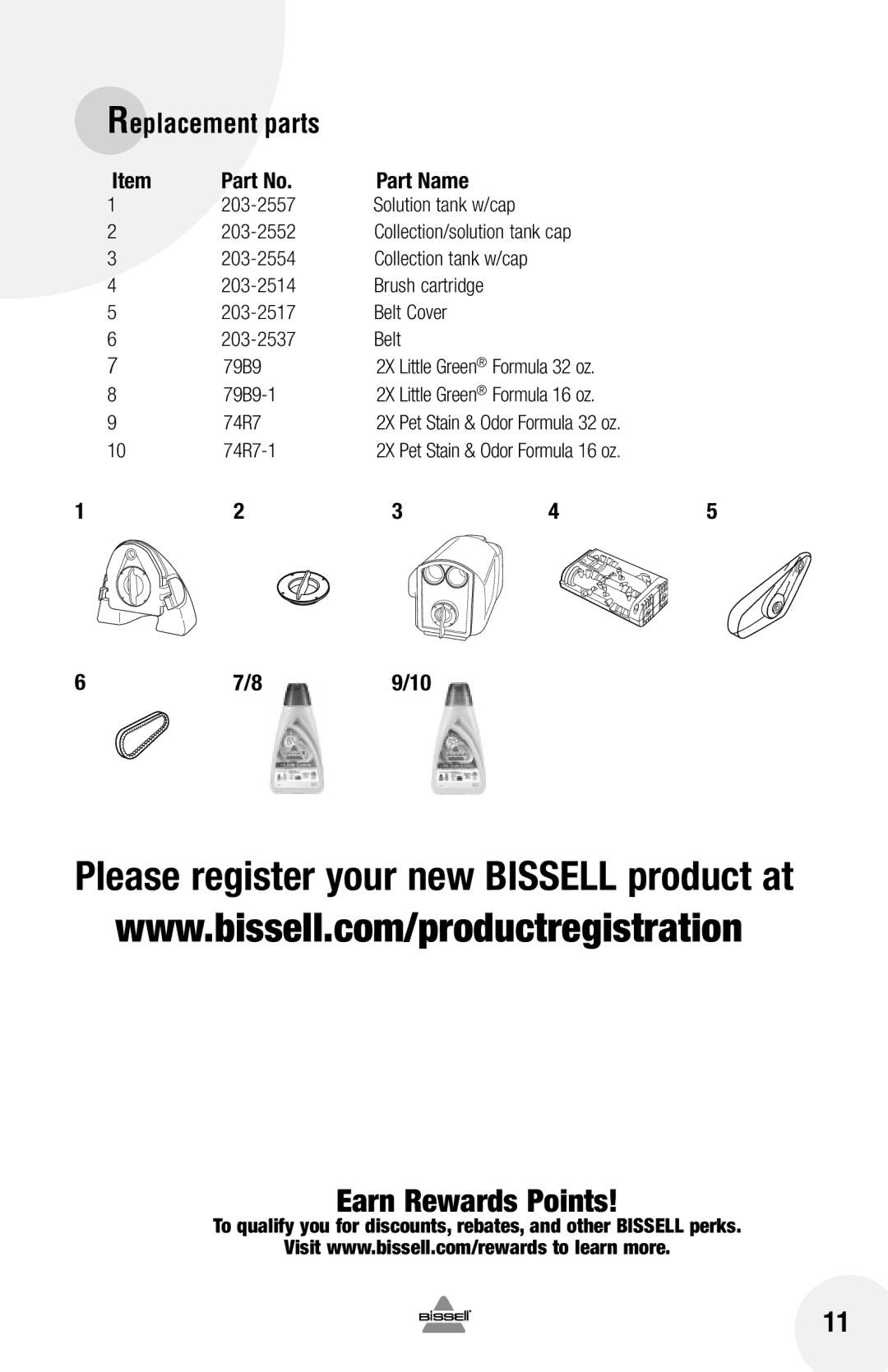 Bissell 1716 warranty Replacement parts, Part Name 