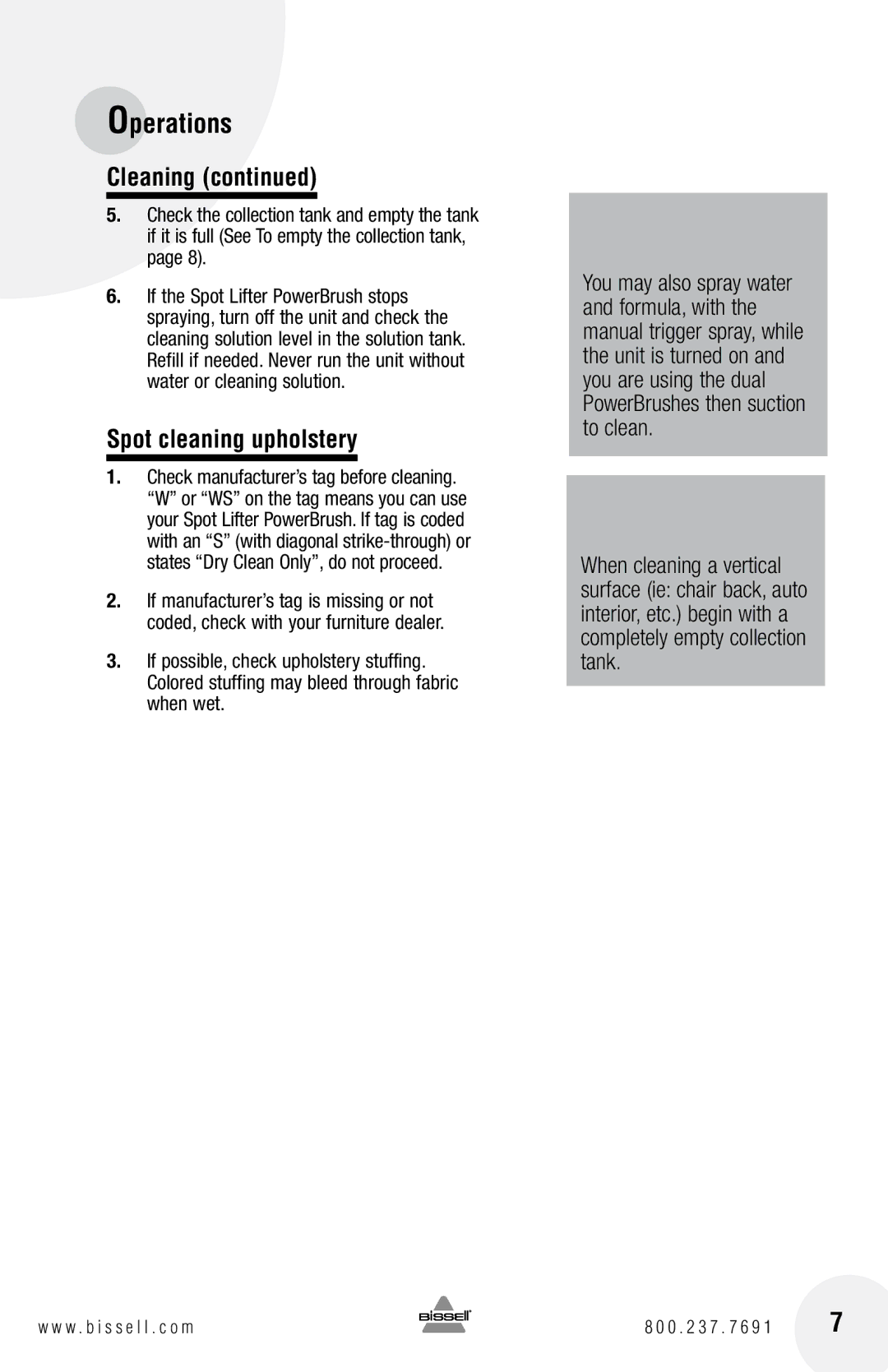 Bissell 1716 warranty Tip, Spot cleaning upholstery 