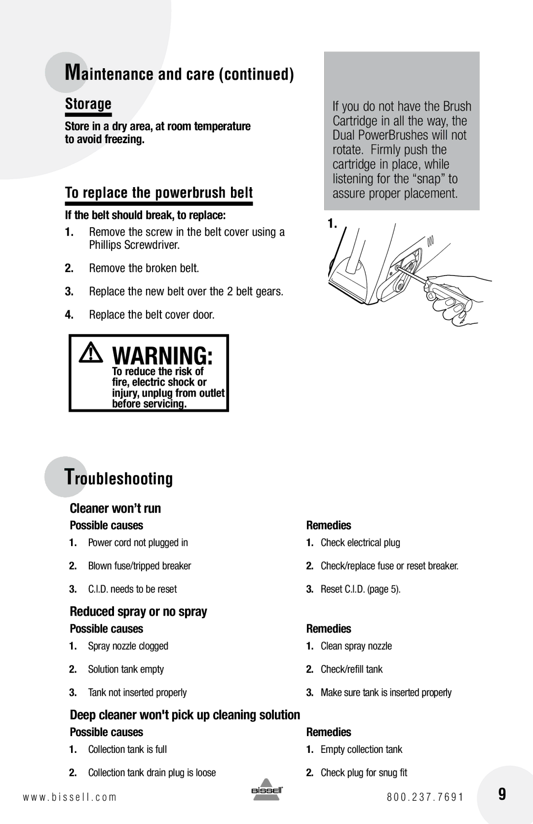 Bissell 1716 warranty Troubleshooting, Maintenance and care Storage, To replace the powerbrush belt, Cleaner won’t run 