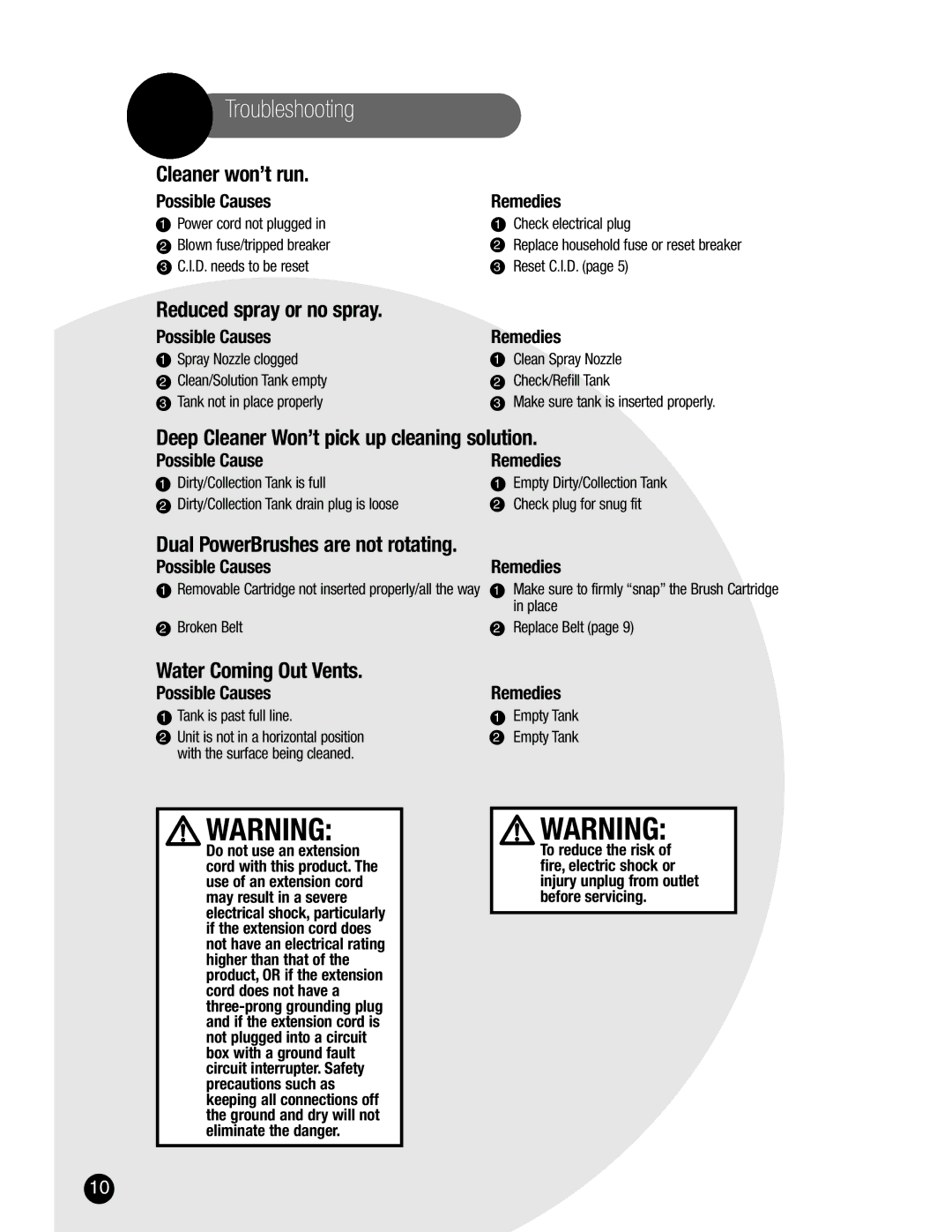 Bissell 1716 warranty Troubleshooting, Possible Causes, Remedies, Tank is past full line, Empty Tank 