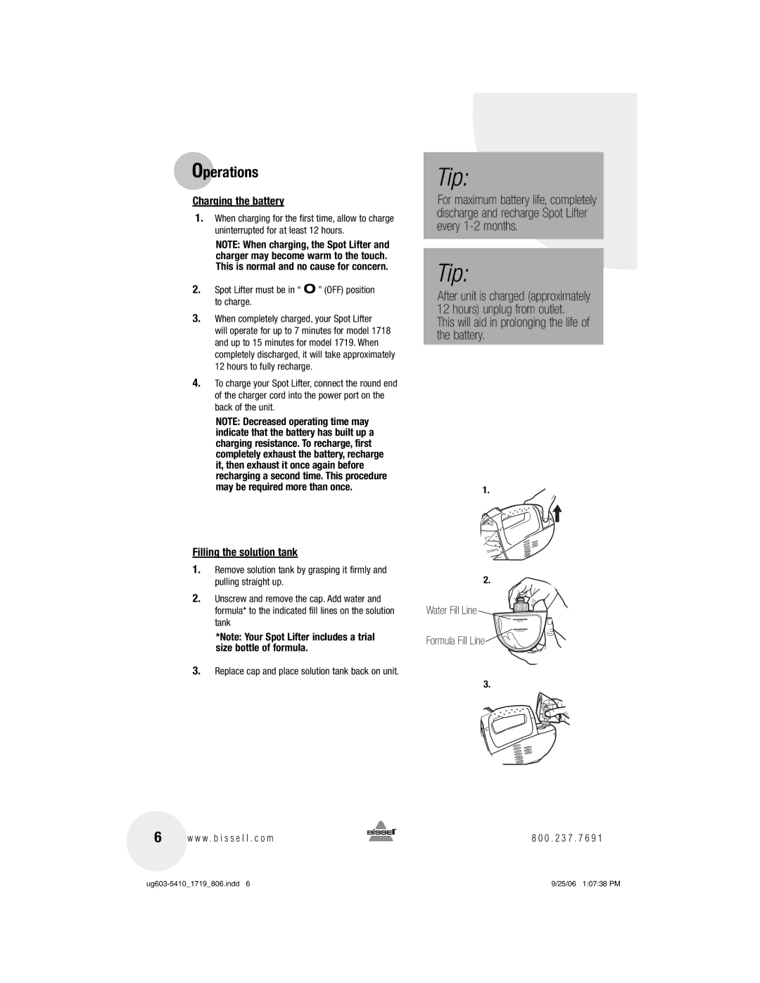 Bissell 1719, 1718 warranty Operations, Charging the battery, Filling the solution tank 