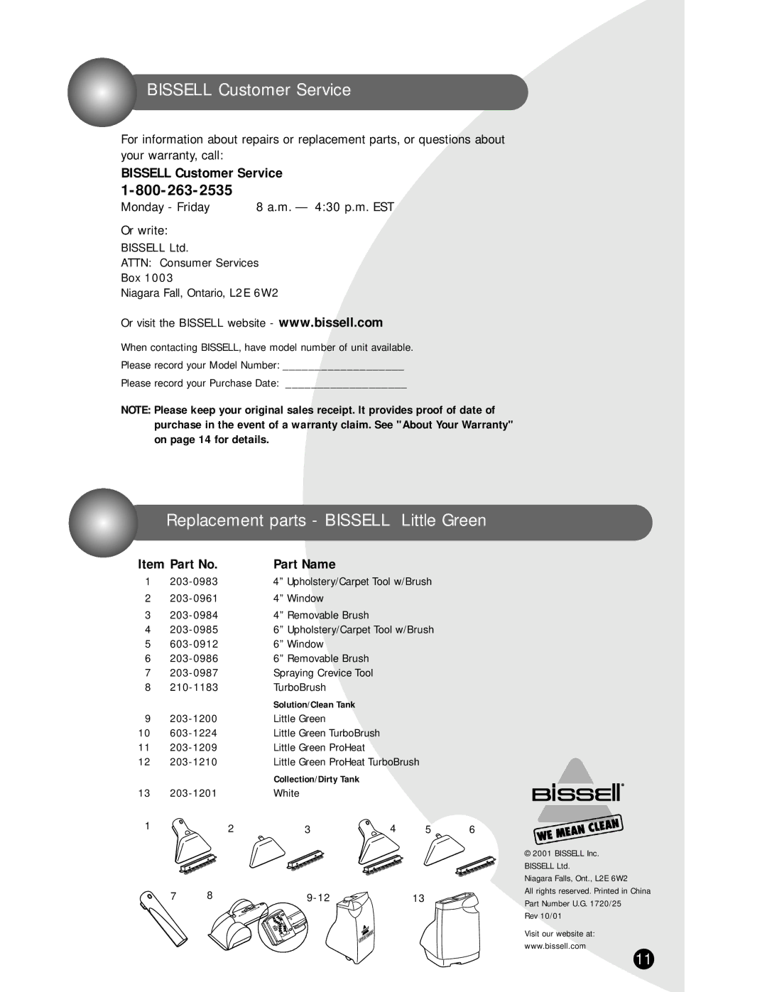 Bissell 1724 203-0983, Window 203-0984, 203-0985, Window 203-0986, 203-0987, TurboBrush, Little Green 603-1224, 203-1209 