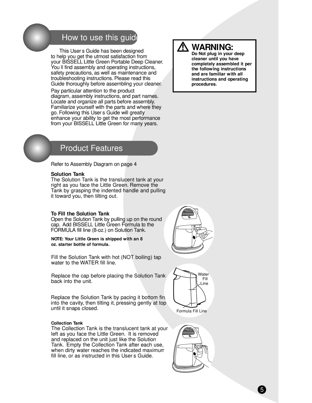 Bissell 1724, 1720, 1725 How to use this guide, Product Features, Pay particular attention to the product, Collection Tank 