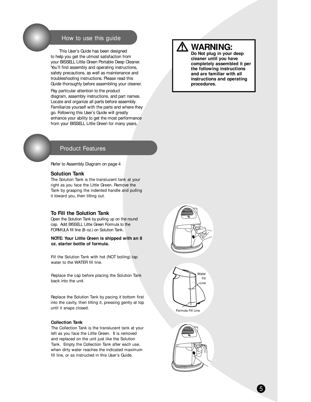 Bissell 1720 warranty How to use this guide, Product Features, Pay particular attention to the product, Collection Tank 