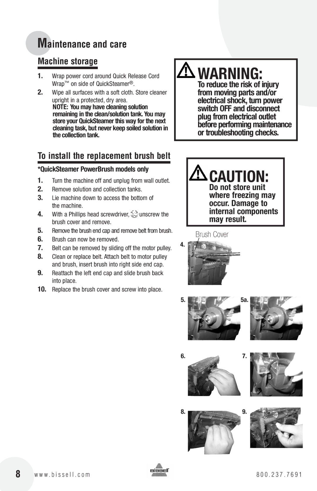 Bissell 1770 warranty Maintenance and care, Machine storage 