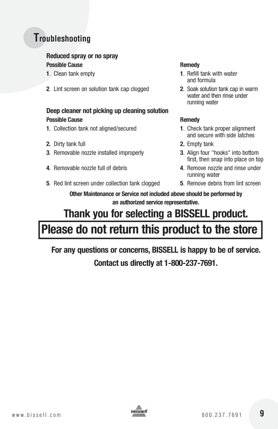 Bissell 1770 warranty Troubleshooting, Contact us directly at 