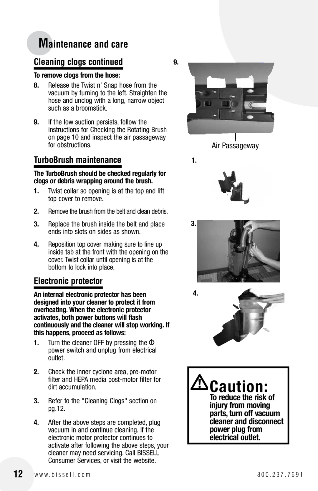 Bissell 17G5 warranty TurboBrush maintenance, Electronic protector, Air Passageway, To remove clogs from the hose 