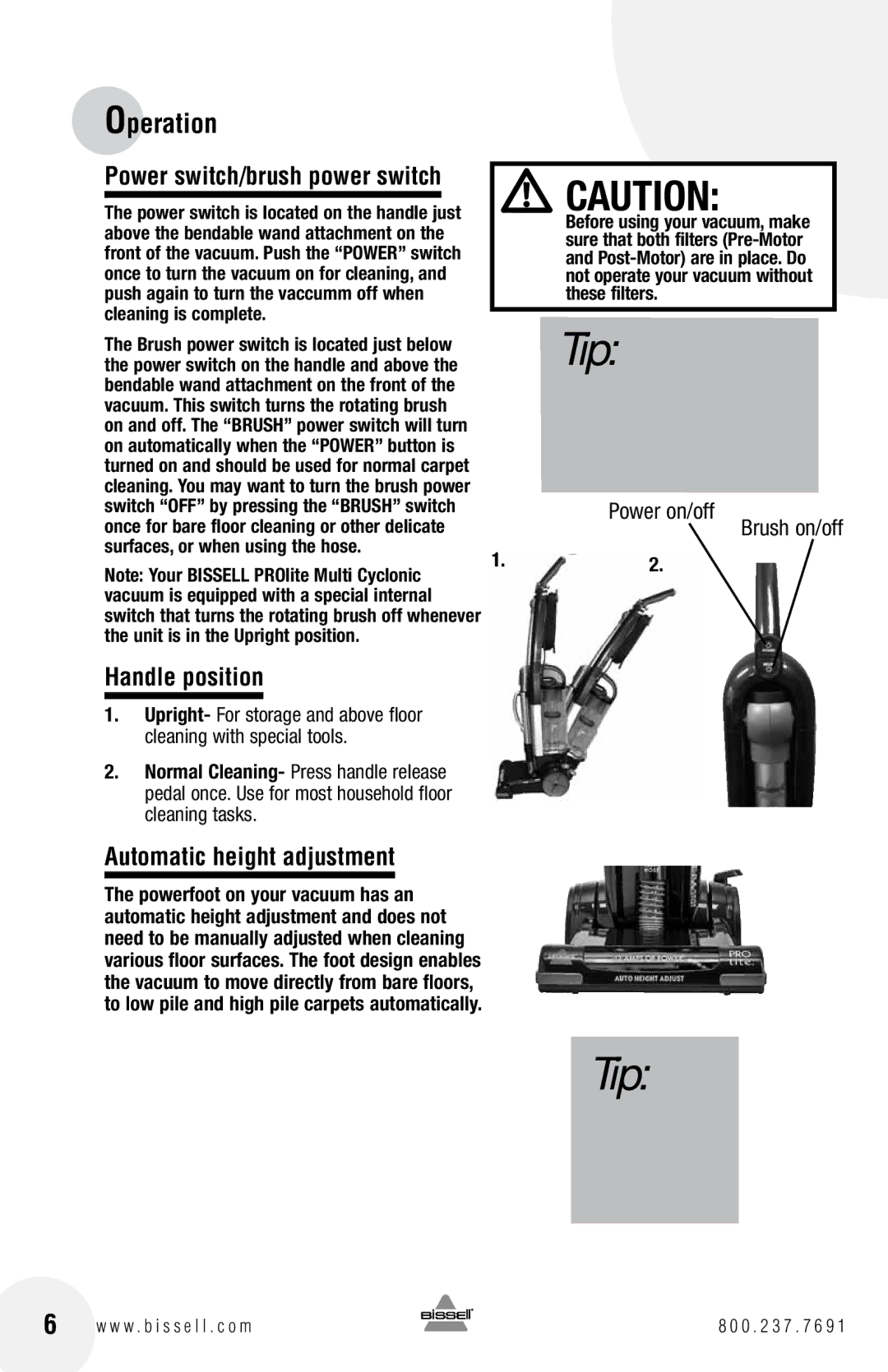 Bissell 17G5 warranty Operation, Power switch/brush power switch, Handle position, Automatic height adjustment 