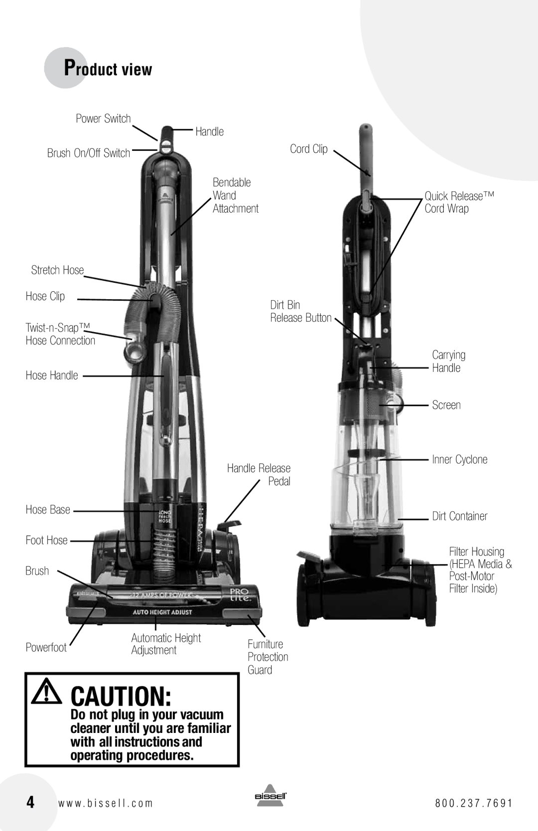 Bissell 17G5 warranty Product view, Power Switch Handle, Adjustment, Guard 