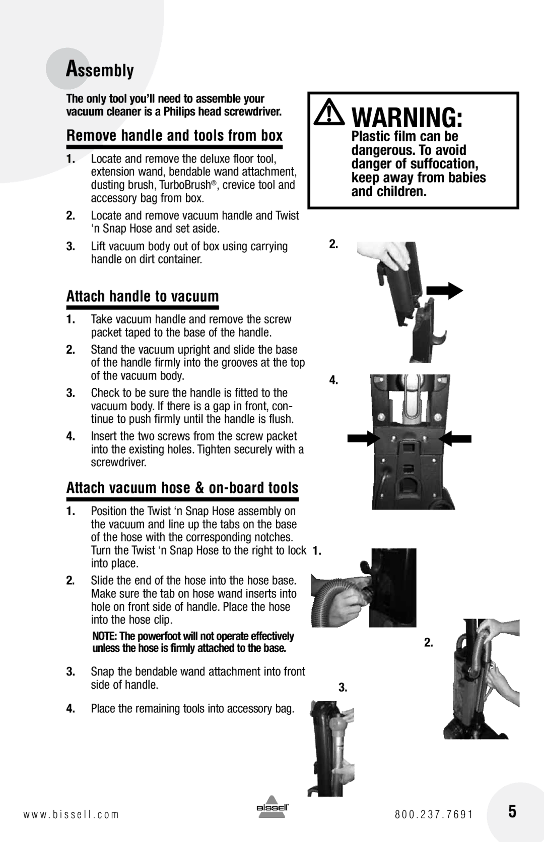 Bissell 17G5 warranty Assembly, Attach handle to vacuum, Attach vacuum hose & on-board tools, Vacuum body 