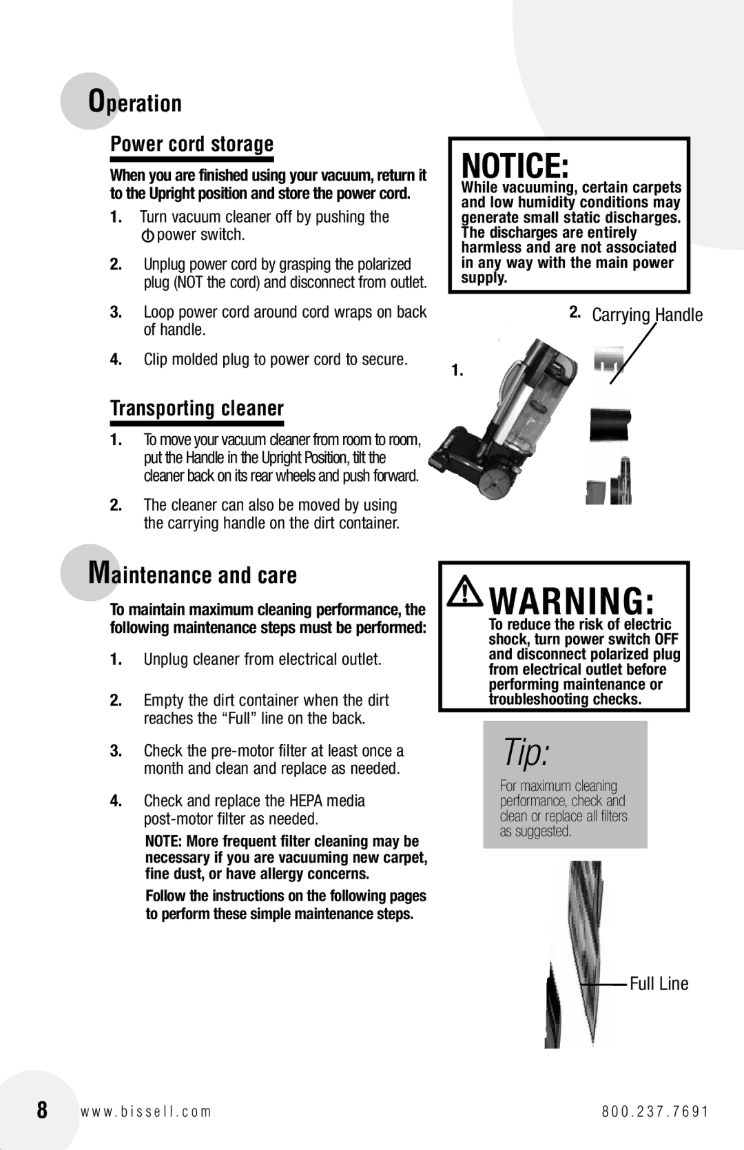 Bissell 17G5 warranty Maintenance and care, Power cord storage, Transporting cleaner, Carrying Handle, Full Line 