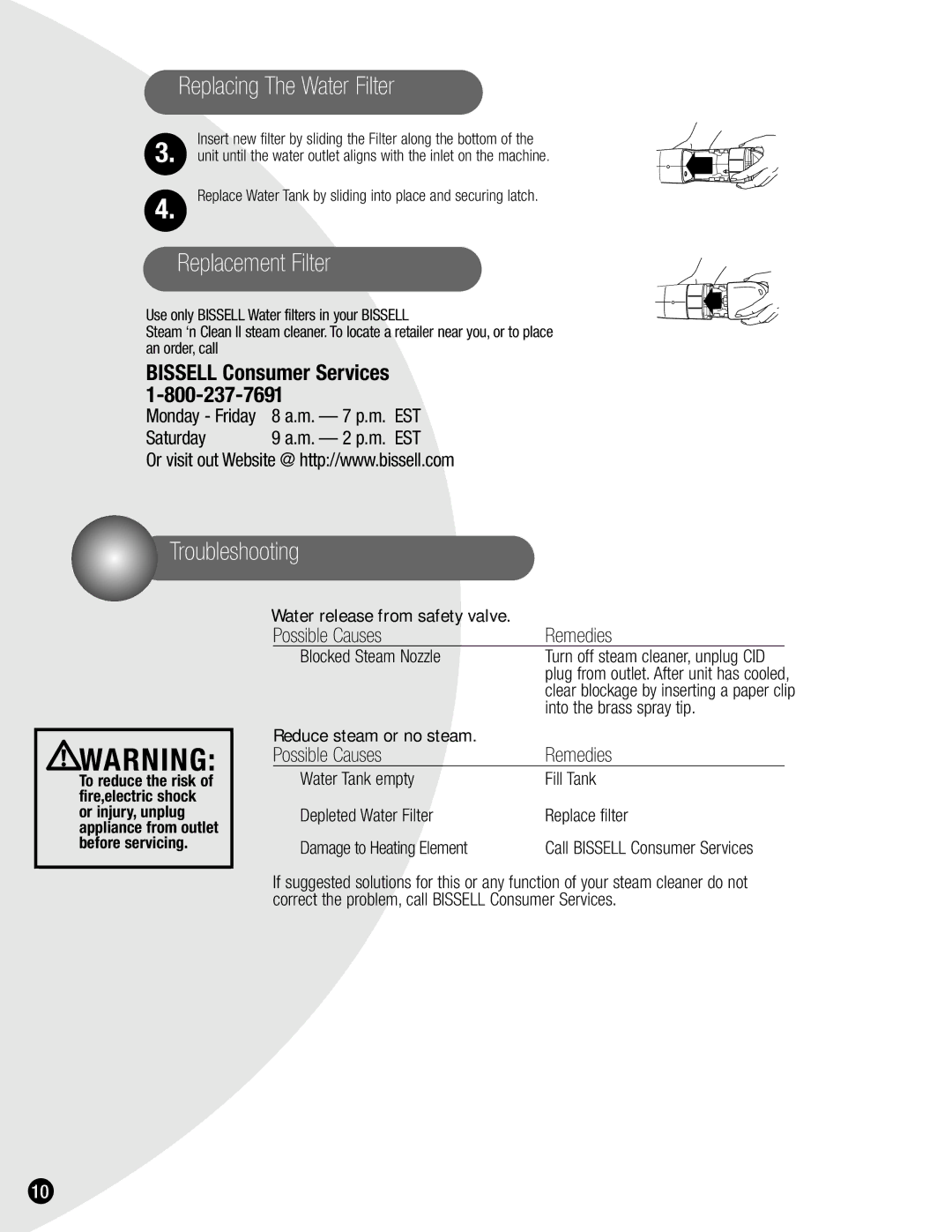 Bissell 1865 warranty Replacement Filter, Troubleshooting, Call Bissell Consumer Services 