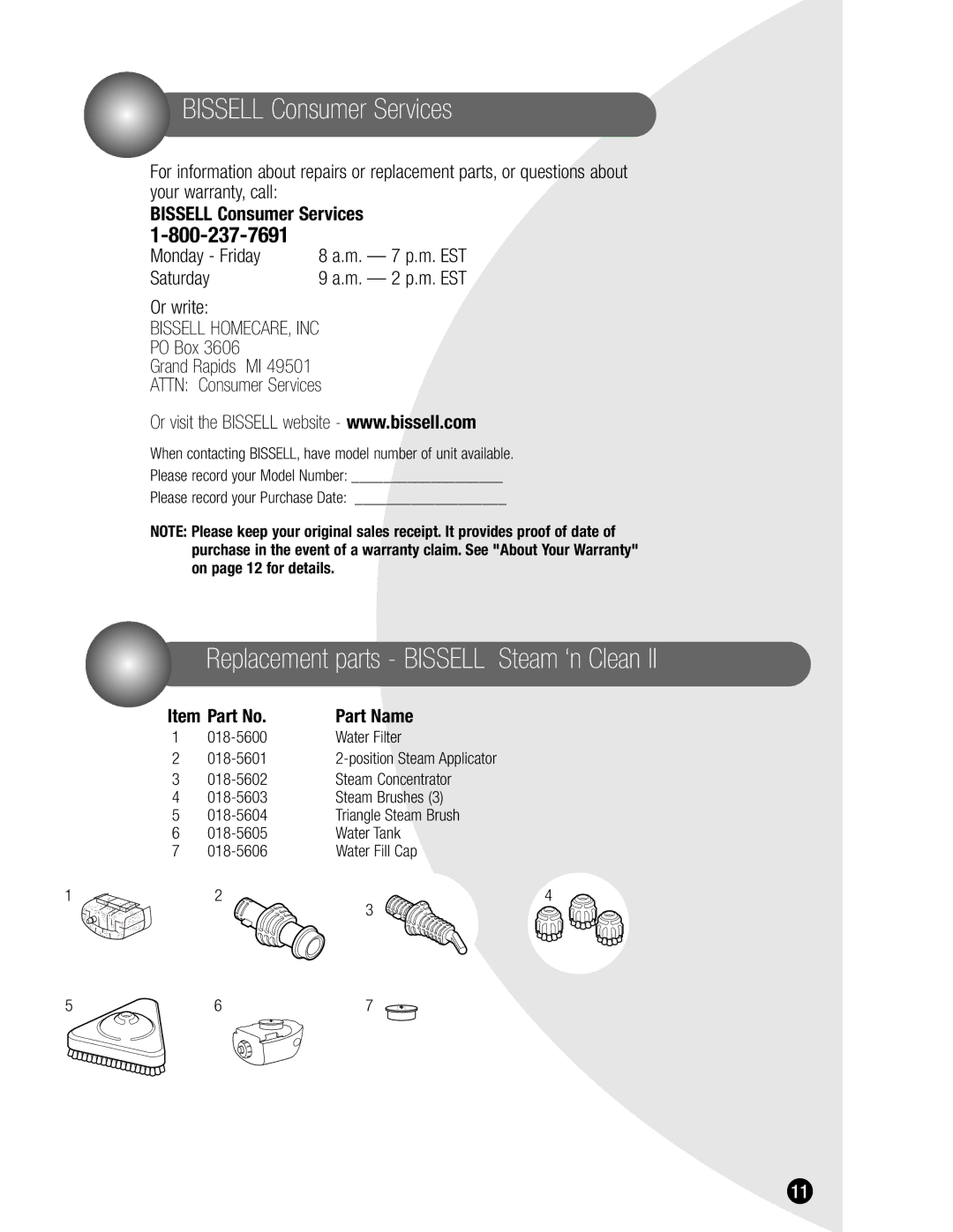 Bissell 1865 warranty Bissell Consumer Services, Item Part No Part Name 