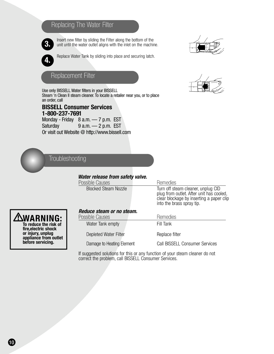 Bissell 1865 warranty Replacement Filter, Troubleshooting, Call Bissell Consumer Services 