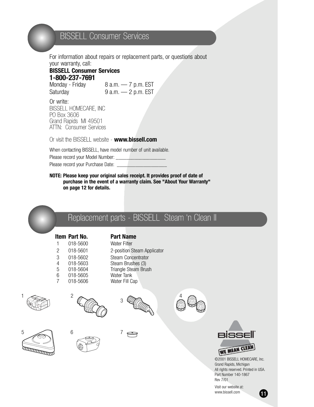 Bissell 1865 warranty Bissell Consumer Services, Item Part No Part Name 