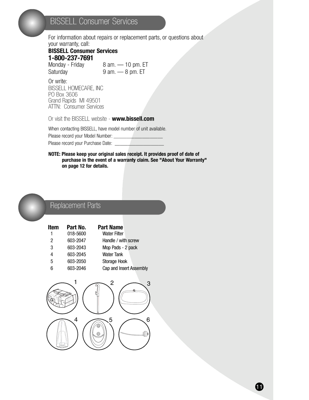 Bissell 1867 Series warranty Replacement Parts, Part Name, Am. 8 pm. ET, Water Filter, Storage Hook 