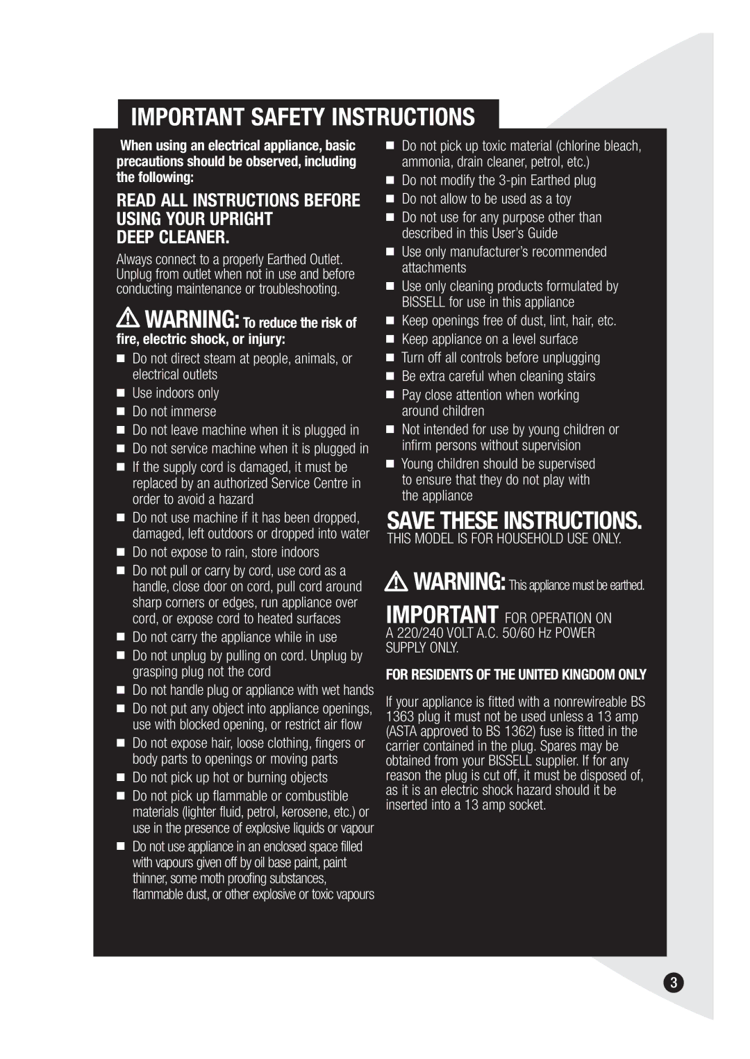 Bissell 1867 warranty Important Safety Instructions 