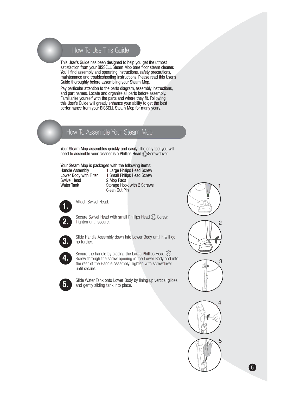 Bissell 1867 warranty How To Use This Guide, How To Assemble Your Steam Mop, Handle Assembly Large Philips Head Screw 