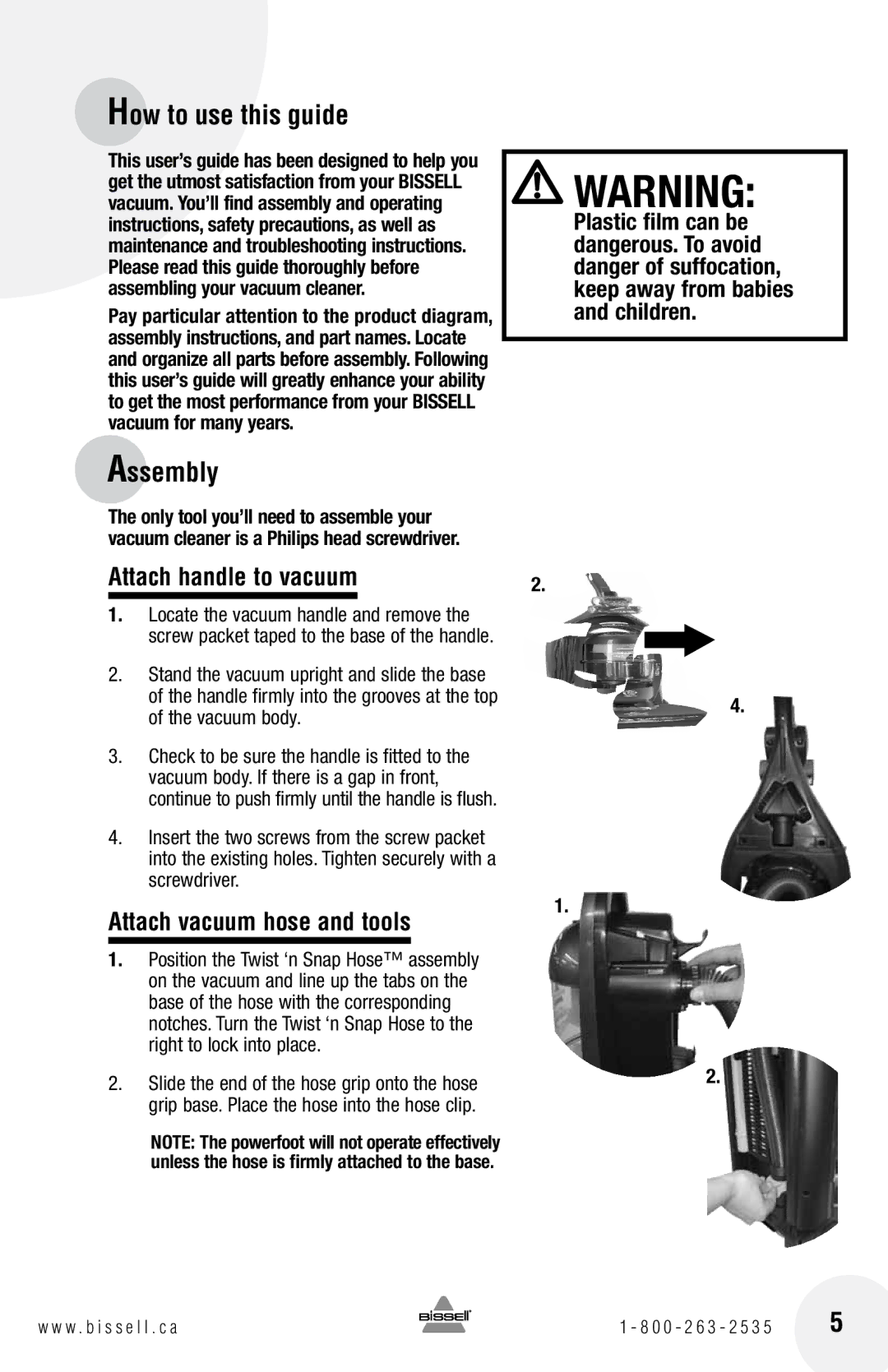 Bissell 18Z6 warranty How to use this guide, Assembly, Attach handle to vacuum, Attach vacuum hose and tools, Vacuum body 