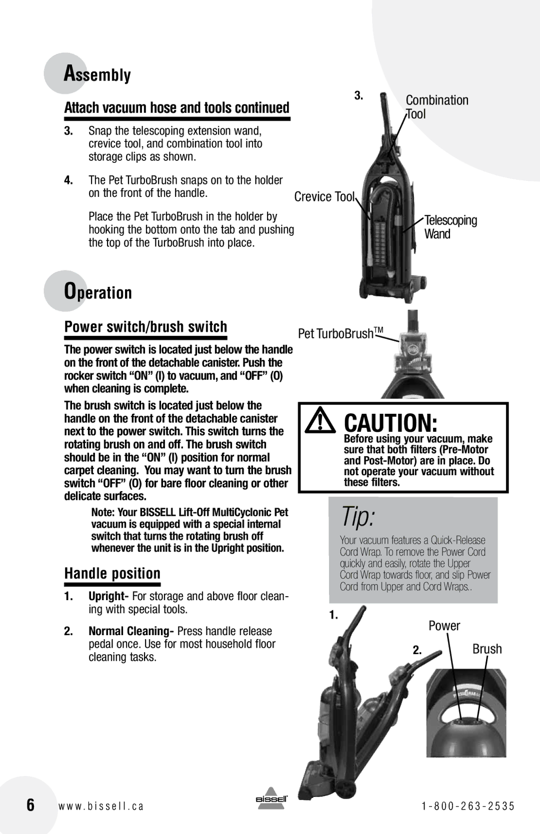 Bissell 18Z6 warranty Operation, Power switch/brush switch, Handle position, Pet TurboBrush snaps on to the holder 