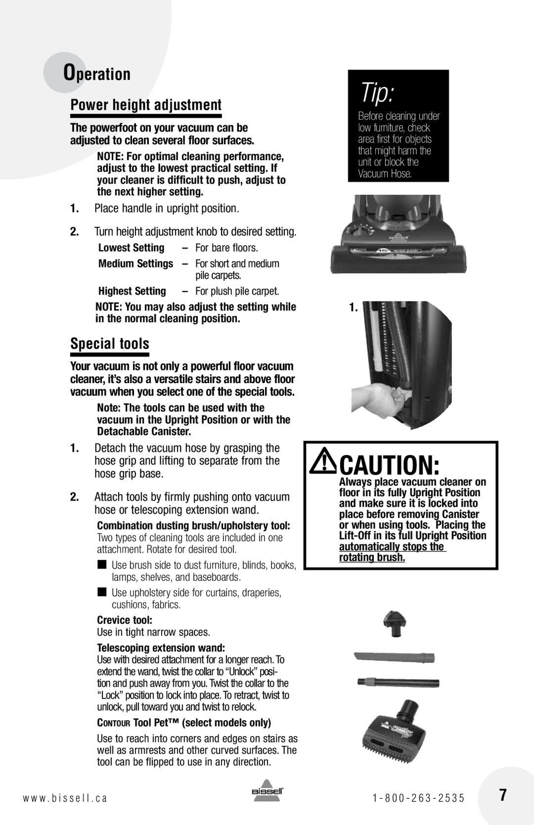 Bissell 18Z6 warranty Power height adjustment, Special tools, Place handle in upright position 