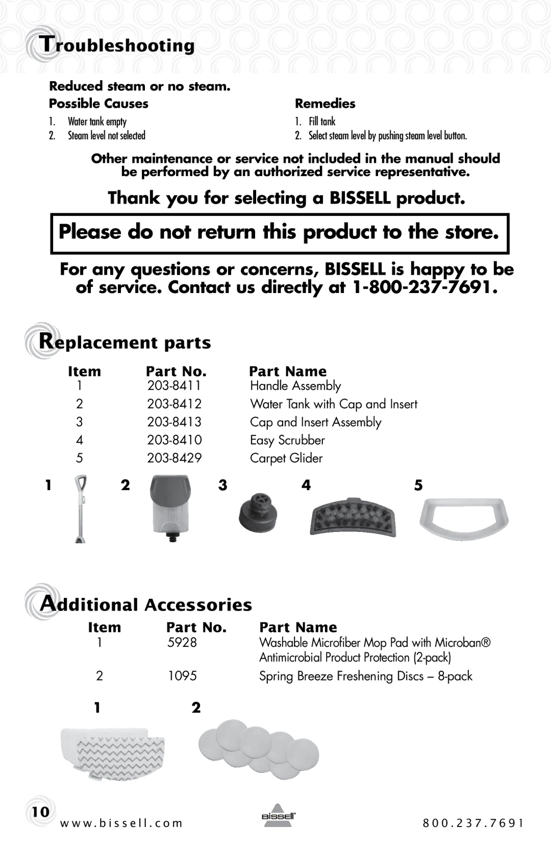 Bissell 1940 warranty Troubleshooting, Thank you for selecting a Bissell product, Additional Accessories, Part Name 