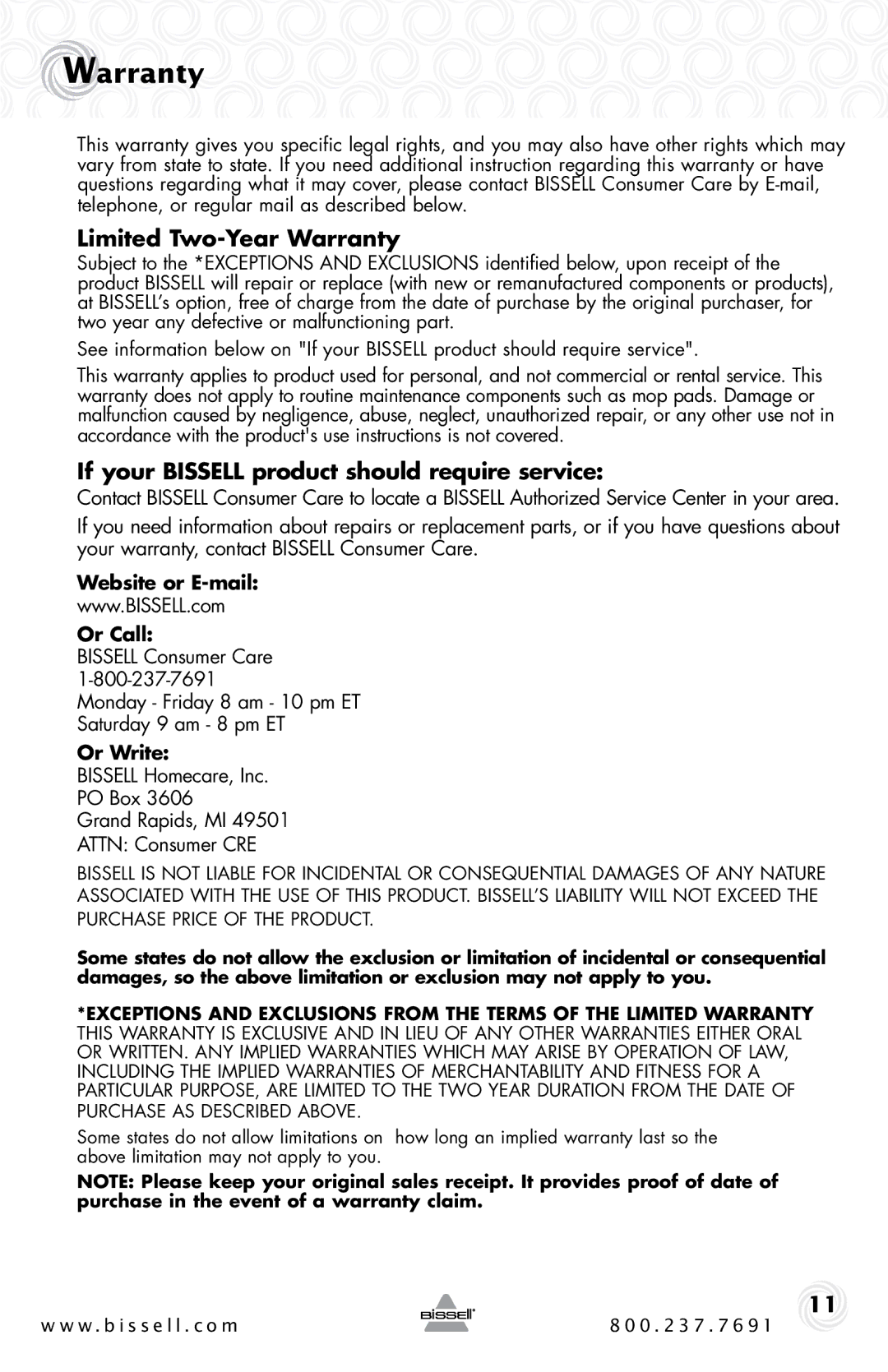 Bissell 1940 Limited Two-Year Warranty, If your Bissell product should require service, Website or E-mail Or Call 