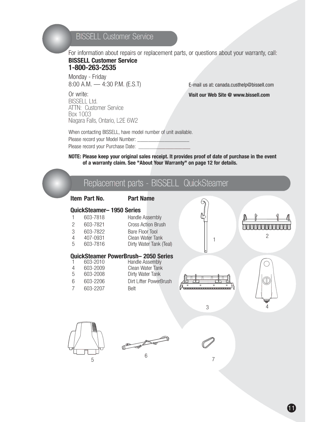 Bissell 2050, 1950 warranty Replacement parts Bissell QuickSteamer, Bissell Customer Service 