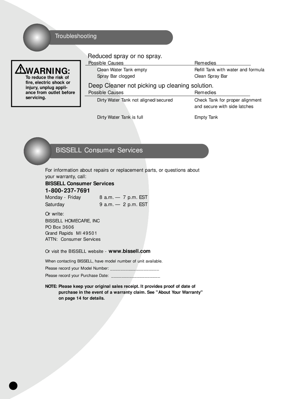 Bissell 1950 warranty Troubleshooting, Secure with side latches 