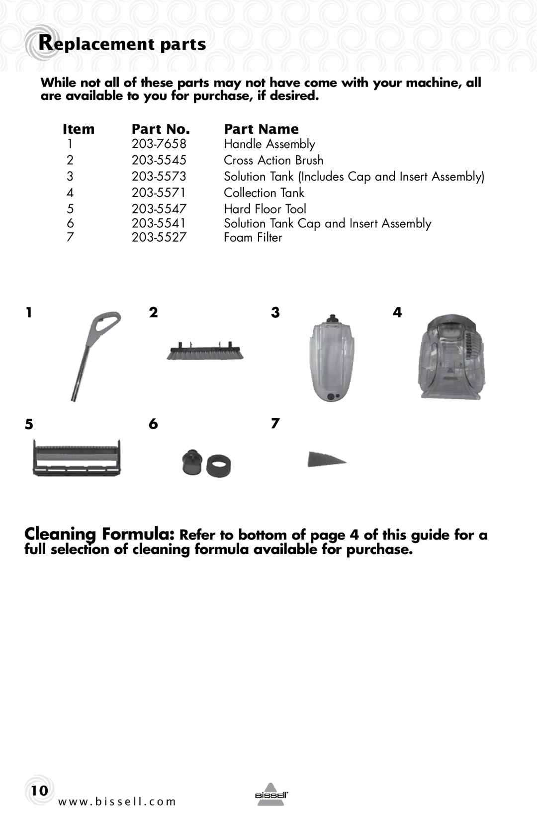 Bissell 19K8 warranty Replacement parts, Part Name, 203-7658 