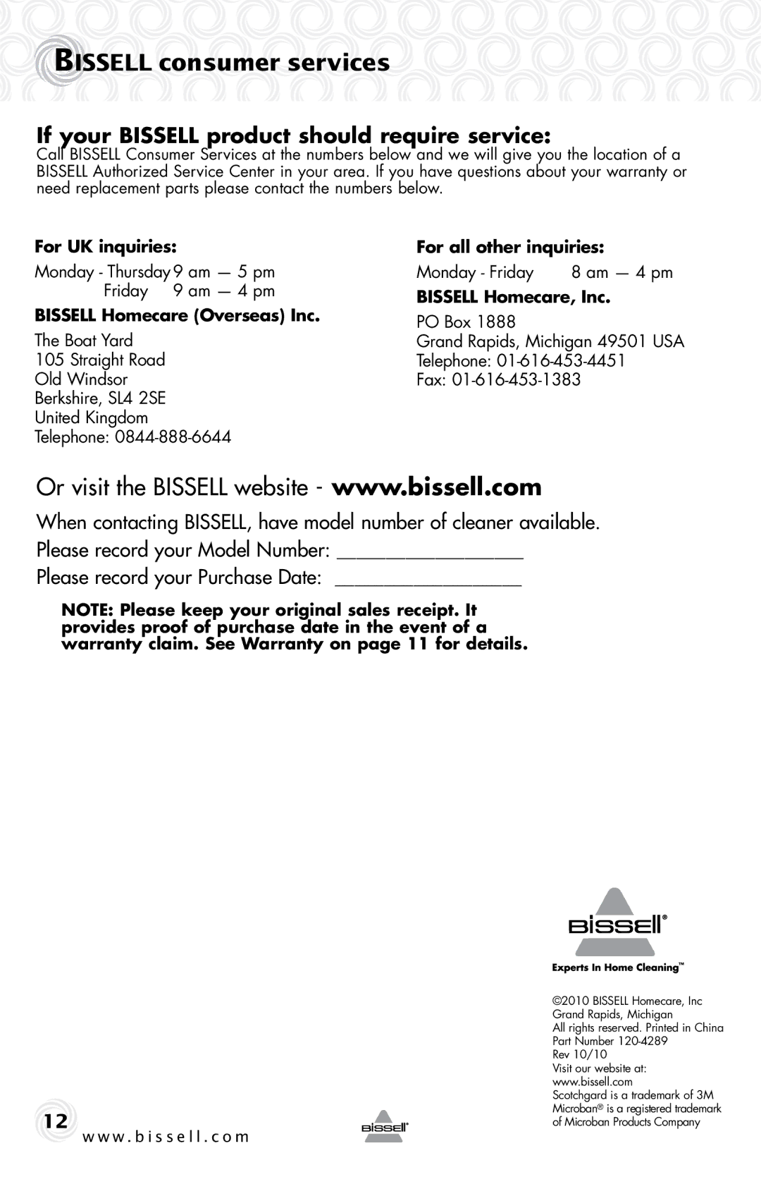 Bissell 19K8 warranty Bissell consumer services, If your Bissell product should require service 