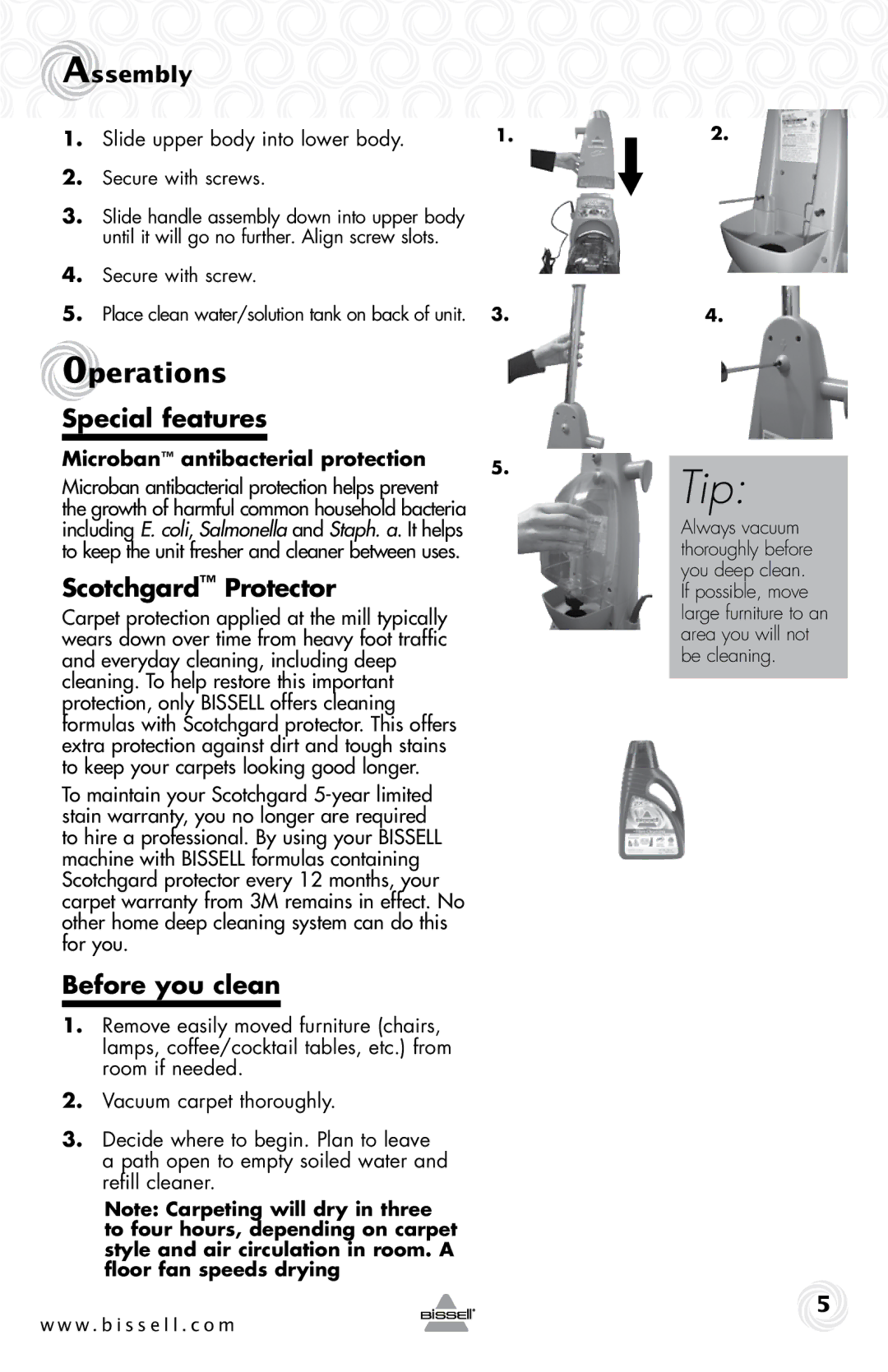 Bissell 19K8 warranty 0perations, Special features, Scotchgard Protector, Before you clean, Assembly 