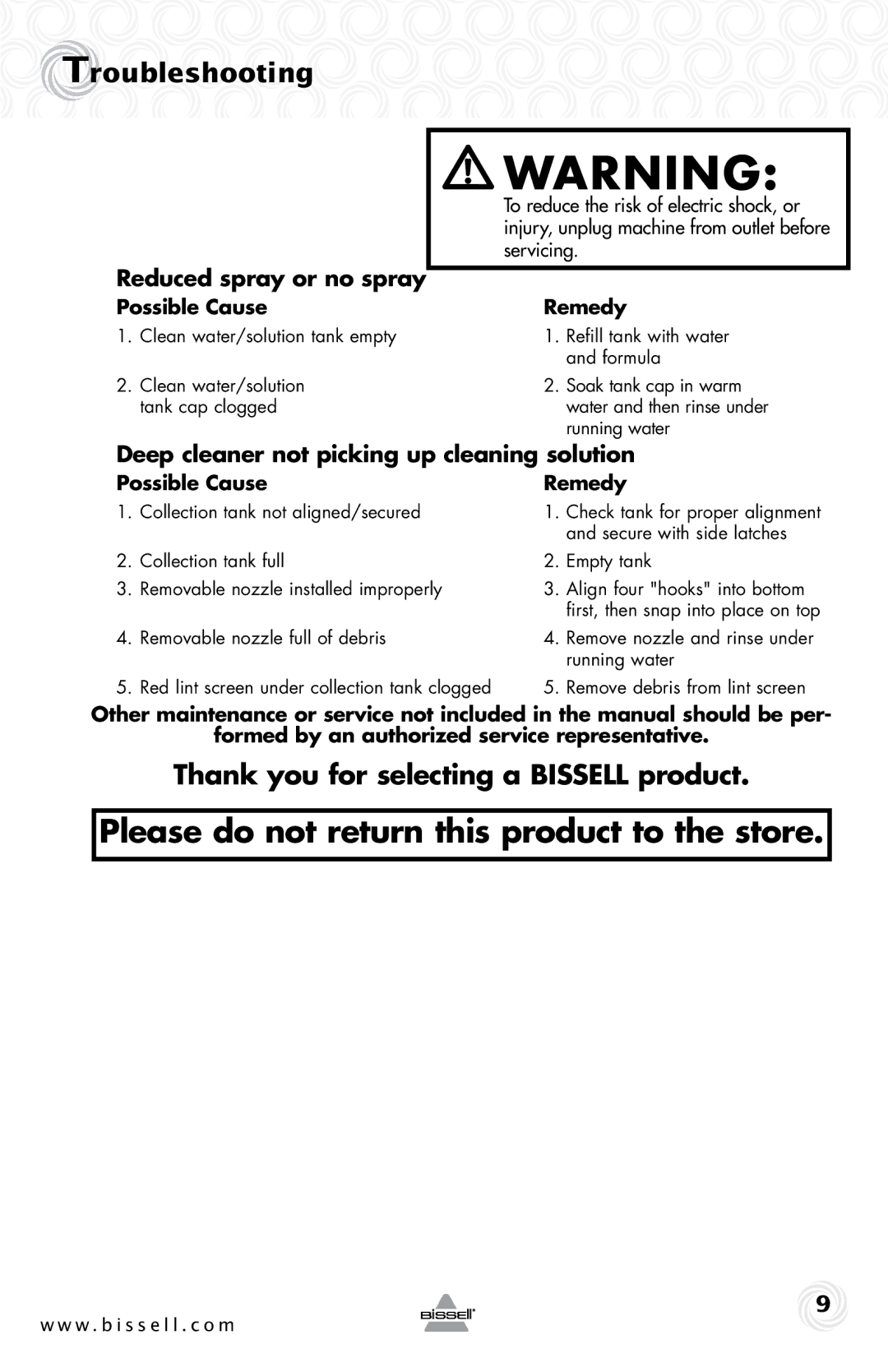 Bissell 19K8 warranty Troubleshooting, Thank you for selecting a Bissell product, Reduced spray or no spray 