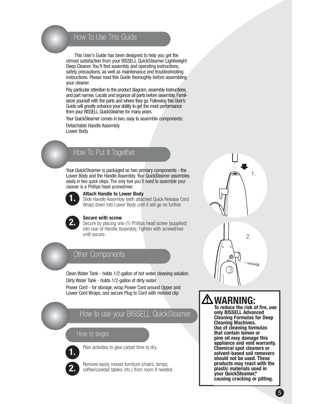 Bissell 2050 warranty How To Use This Guide, How To Put It Together, Other Components, How to use your Bissell QuickSteamer 