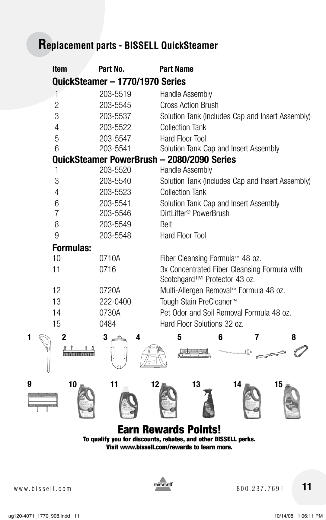 Bissell 2080, 2090 warranty Replacement parts Bissell QuickSteamer, QuickSteamer 1770/1970 Series, Part Name, Formulas 