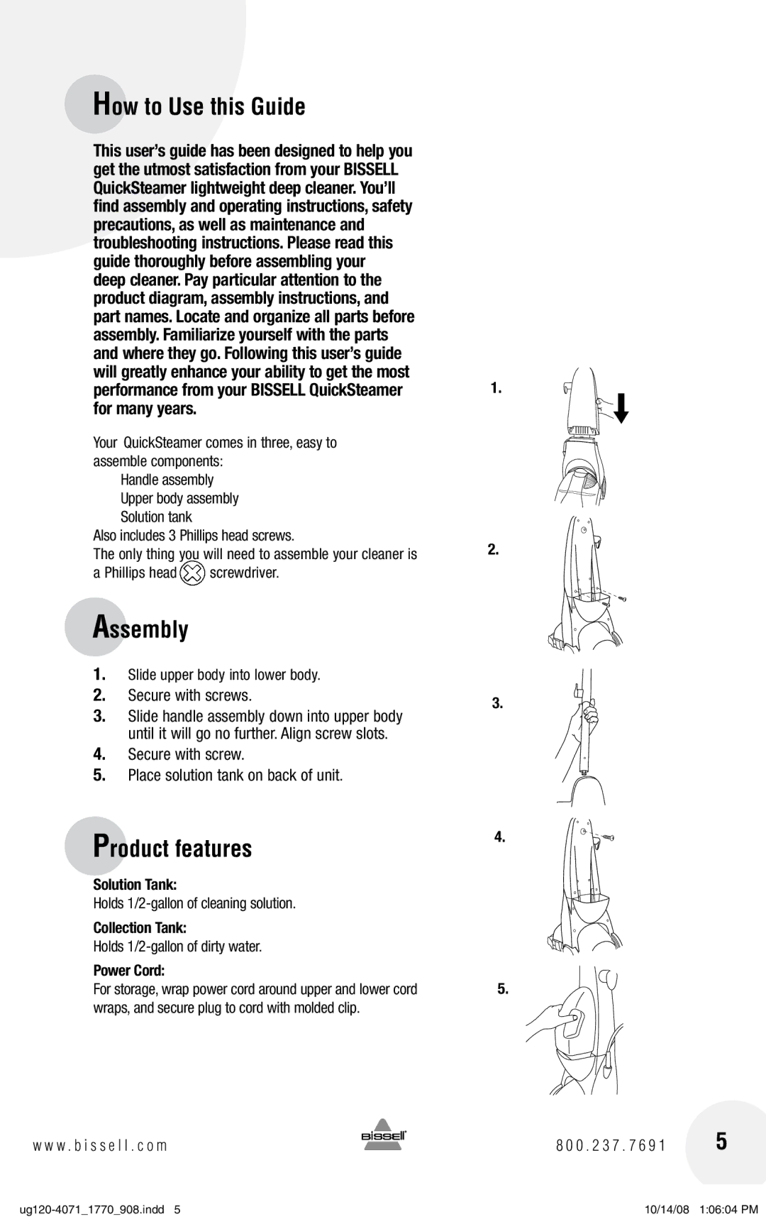 Bissell 2080, 2090 warranty How to Use this Guide, Assembly, Product features, Collection Tank 