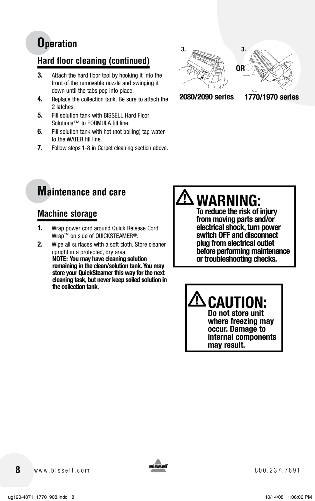 Bissell warranty Maintenance and care, Machine storage, 2080/2090 series, 1770/1970 series 