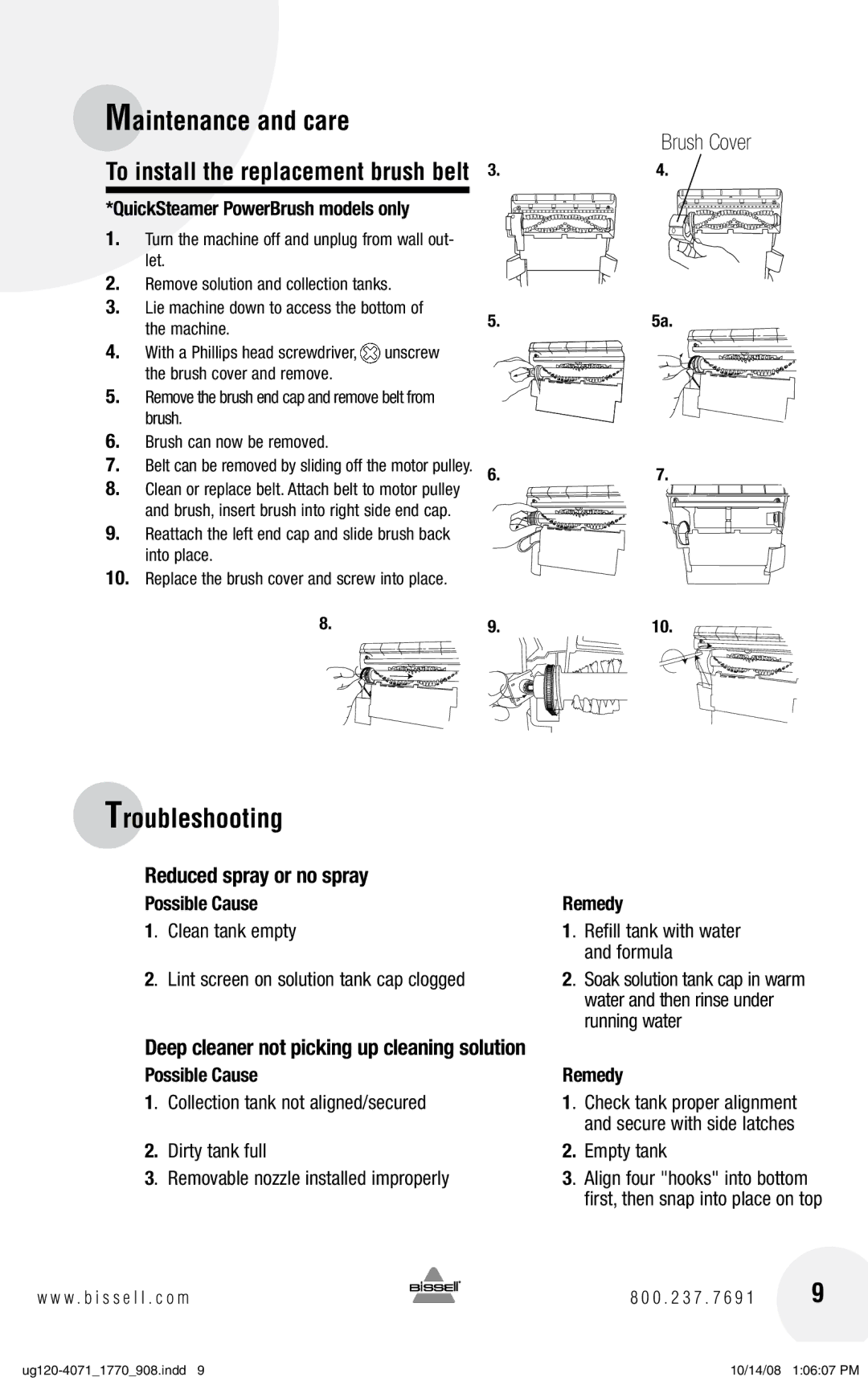 Bissell 2080, 2090 warranty Troubleshooting, Reduced spray or no spray 