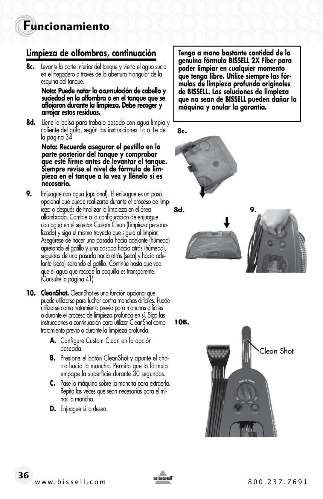 Bissell 20B4 warranty Configure Custom Clean en la opción deseada, Enjuague si lo desea 