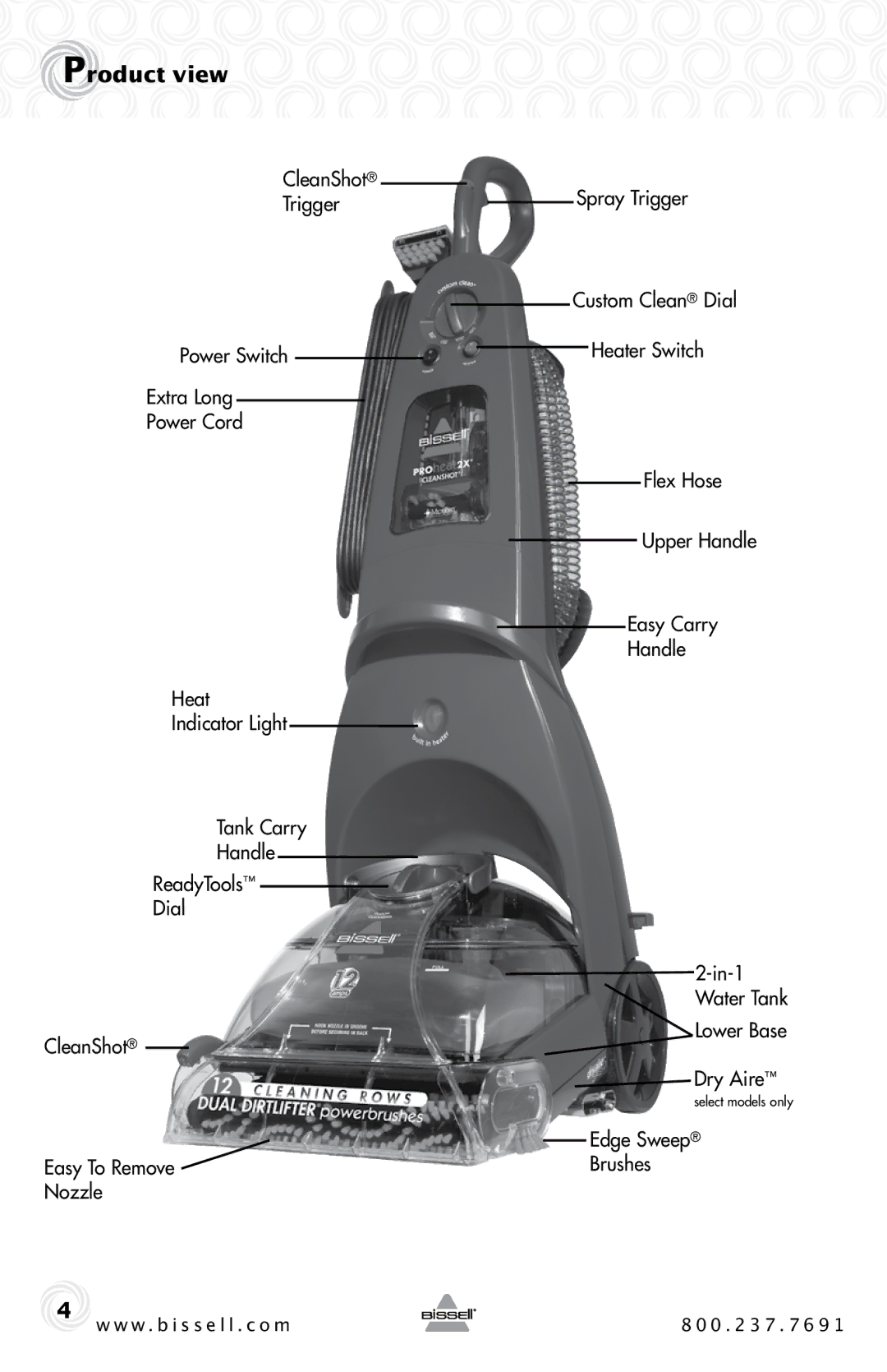 Bissell 20B4 warranty Product view, Lower Base Dry Aire, Edge Sweep Brushes 